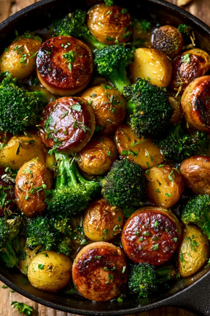 A cast iron skillet filled with caramelized kielbasa rounds, roasted baby potatoes, and tender broccoli florets in a glossy honey garlic sauce, garnished with fresh chopped herbs on a rustic wooden surface.