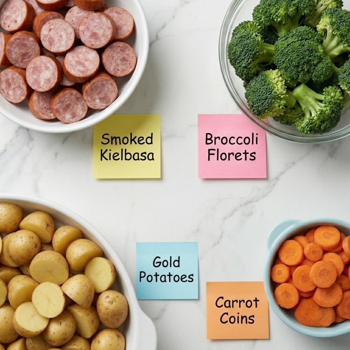 Flat lay of sliced smoked kielbasa, broccoli florets, halved gold potatoes, and carrot coins with handwritten labels on a marble kitchen counter.