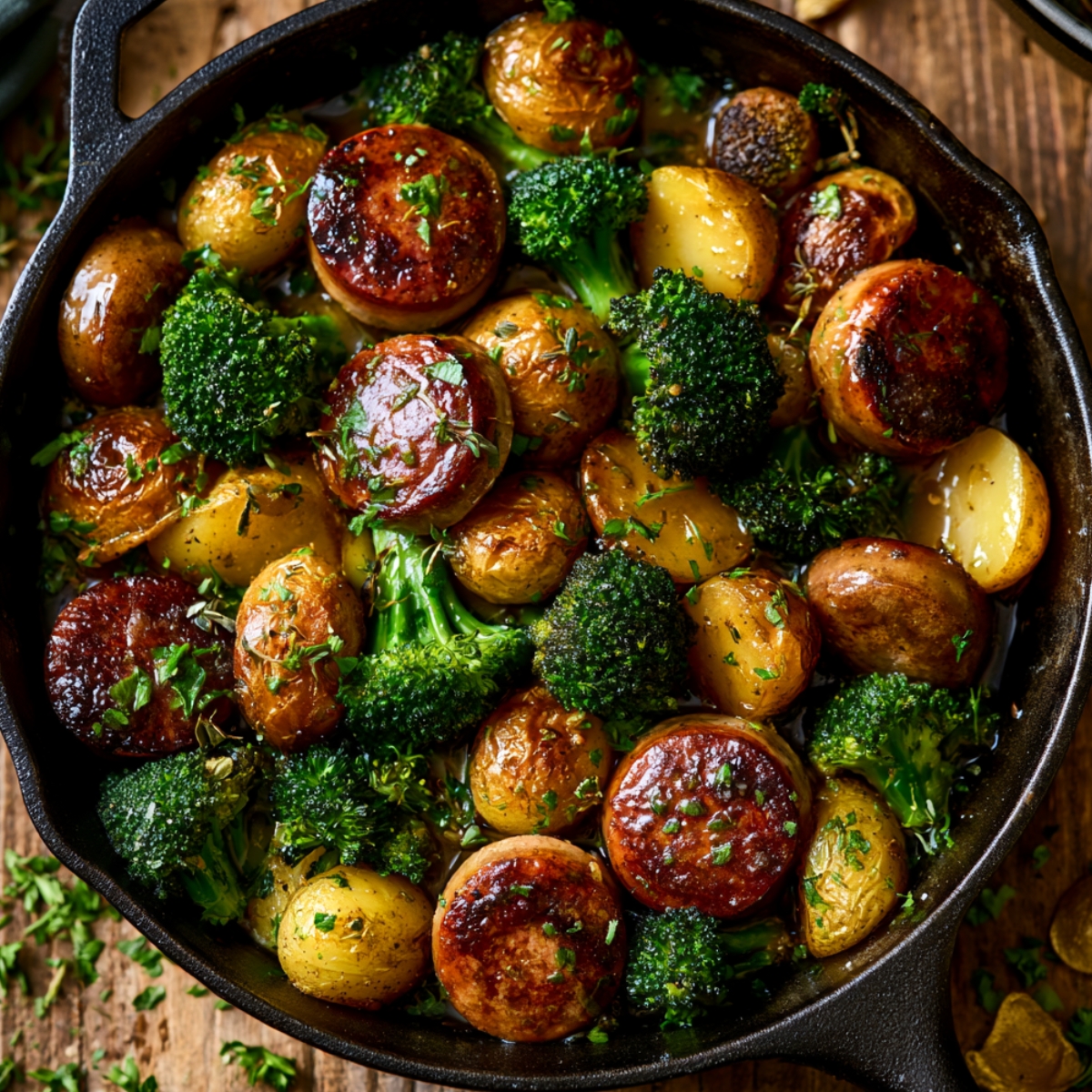 A cast iron skillet filled with caramelized kielbasa rounds, roasted baby potatoes, and tender broccoli florets in a glossy honey garlic sauce, garnished with fresh chopped herbs on a rustic wooden surface.