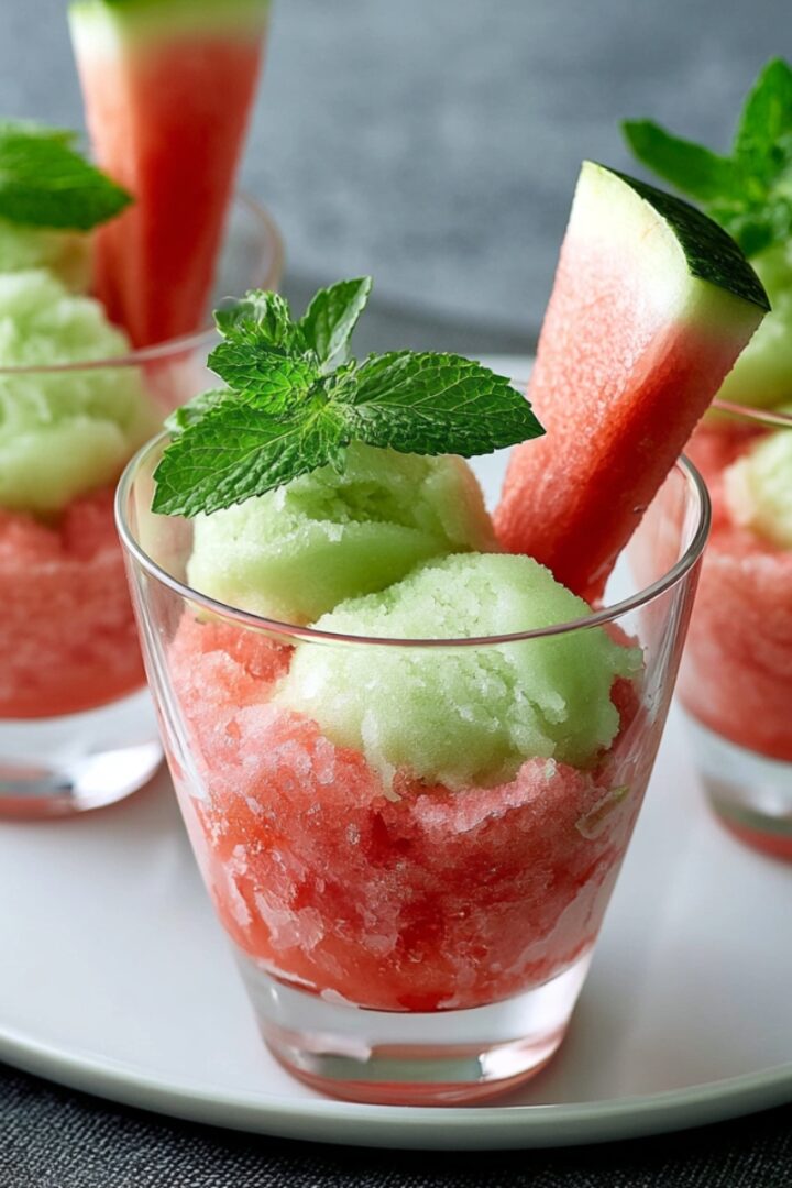 Three glass cups layered with pink salted watermelon granita and pale green ice cream scoops, garnished with fresh mint sprigs and a watermelon wedge, arranged on a white plate.