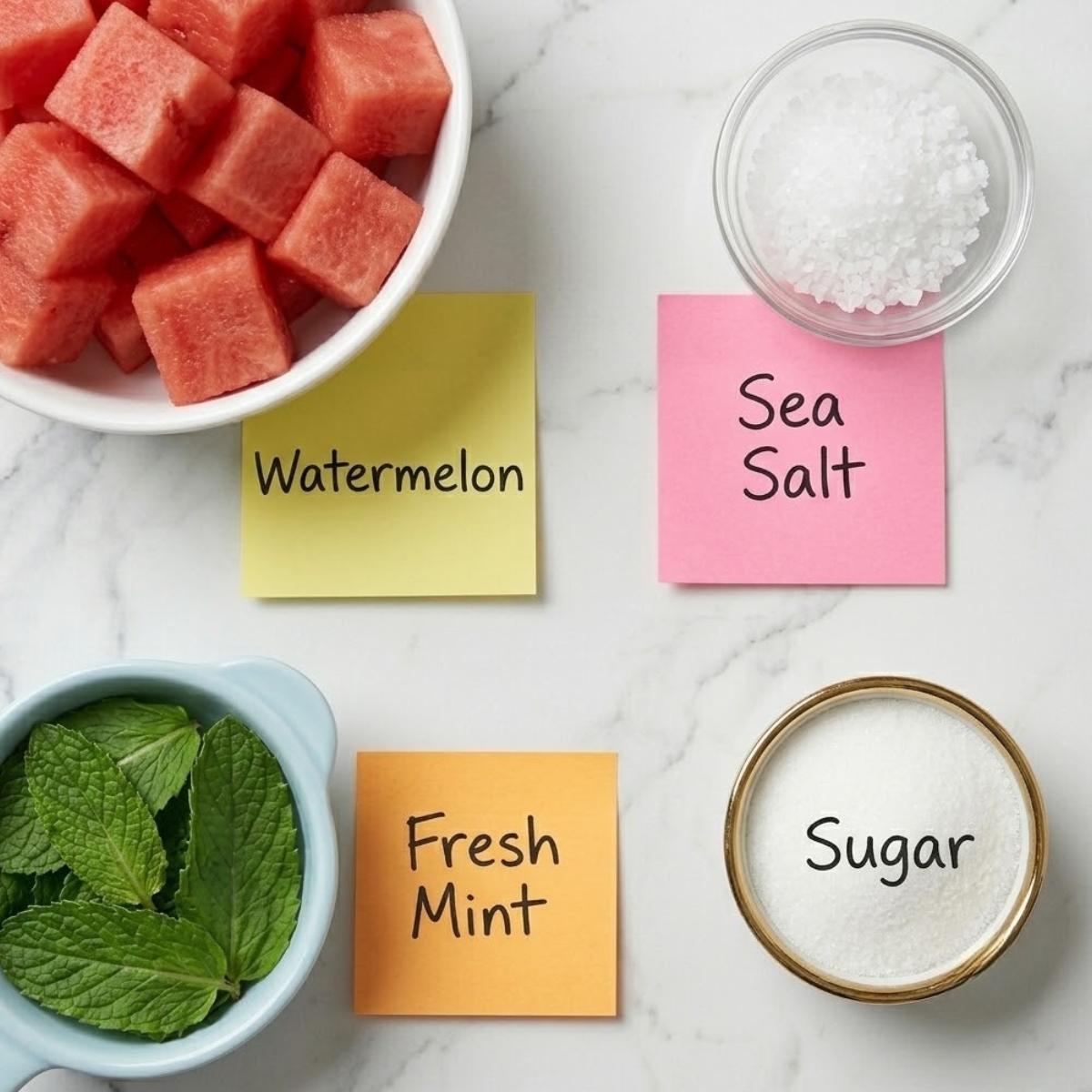 Flat lay of cubed red watermelon, sea salt, granulated sugar, and fresh mint leaves with handwritten labels on a marble counter.