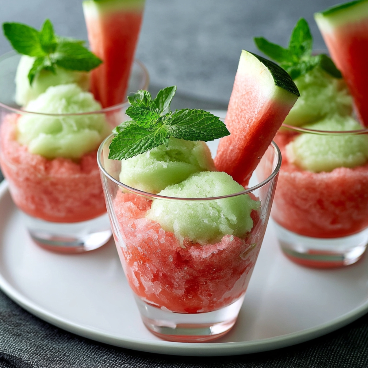 Three glass cups layered with pink salted watermelon granita and pale green ice cream scoops, garnished with fresh mint sprigs and a watermelon wedge, arranged on a white plate.