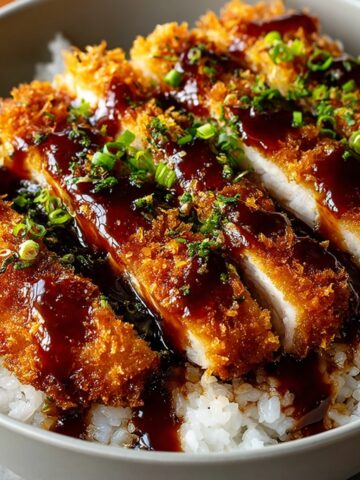 A white bowl of Japanese katsu with golden crispy panko-breaded chicken cutlet sliced and fanned over steamed white rice, drizzled with rich dark tonkatsu sauce and garnished with sliced green onions and herbs.