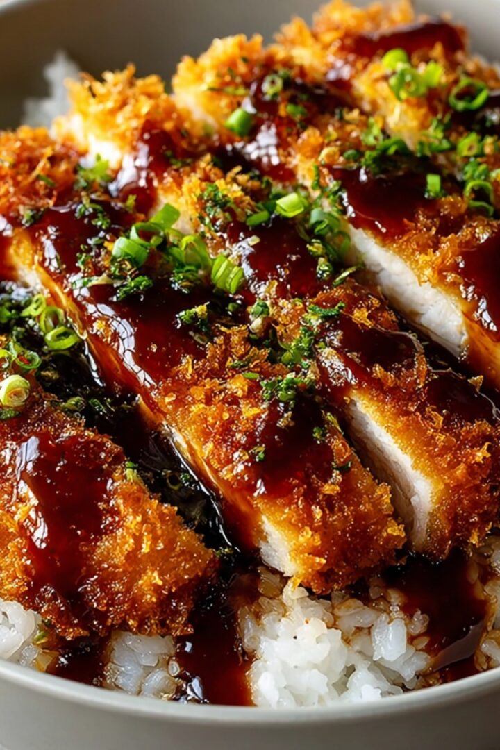 A white bowl of Japanese katsu with golden crispy panko-breaded chicken cutlet sliced and fanned over steamed white rice, drizzled with rich dark tonkatsu sauce and garnished with sliced green onions and herbs.