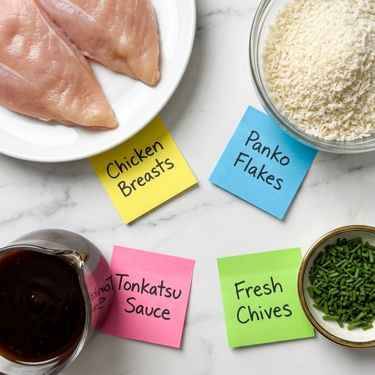 Flat lay of raw chicken breasts, panko breadcrumbs, tonkatsu sauce, and snipped chives with handwritten labels on a marble counter.