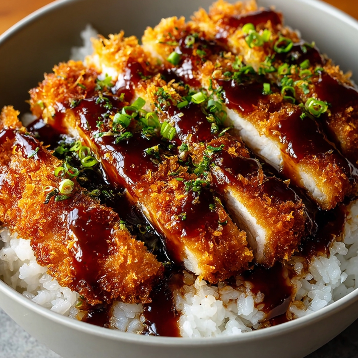 A white bowl of Japanese katsu with golden crispy panko-breaded chicken cutlet sliced and fanned over steamed white rice, drizzled with rich dark tonkatsu sauce and garnished with sliced green onions and herbs.