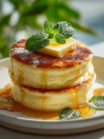 A stack of tall, fluffy Japanese Pancakes topped with a pat of butter, drizzled with honey, and garnished with fresh mint leaves on a white plate.