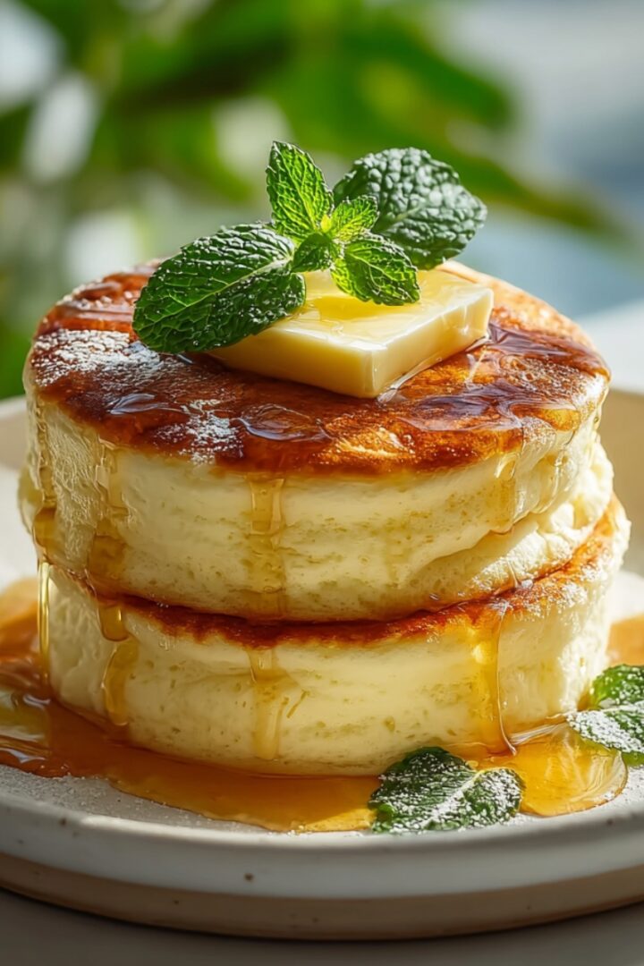 A stack of tall, fluffy Japanese Pancakes topped with a pat of butter, drizzled with honey, and garnished with fresh mint leaves on a white plate.
