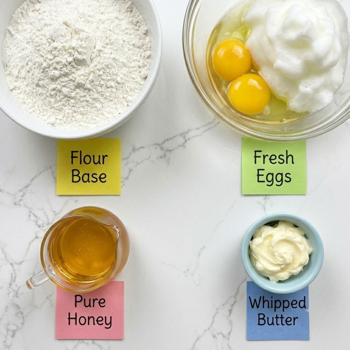 Flat lay of all-purpose flour, separated eggs, a pitcher of honey, and whipped butter with handwritten labels on a marble counter.