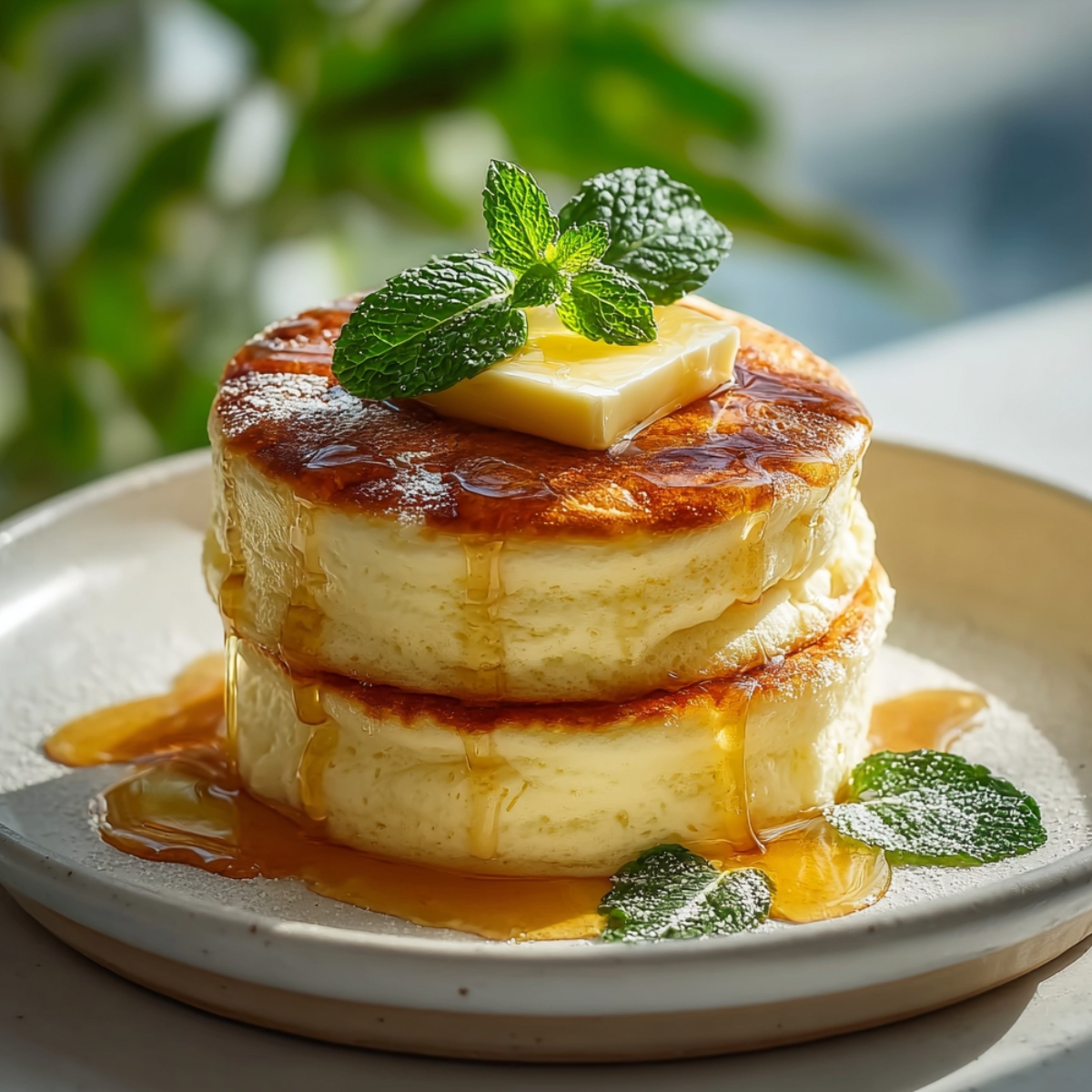 A stack of tall, fluffy Japanese Pancakes topped with a pat of butter, drizzled with honey, and garnished with fresh mint leaves on a white plate.