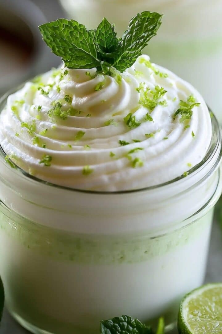 A glass jar filled with pale green yogurt lime mousse, topped with a swirl of whipped cream, fresh lime zest, and a sprig of mint, surrounded by halved limes and mint leaves.