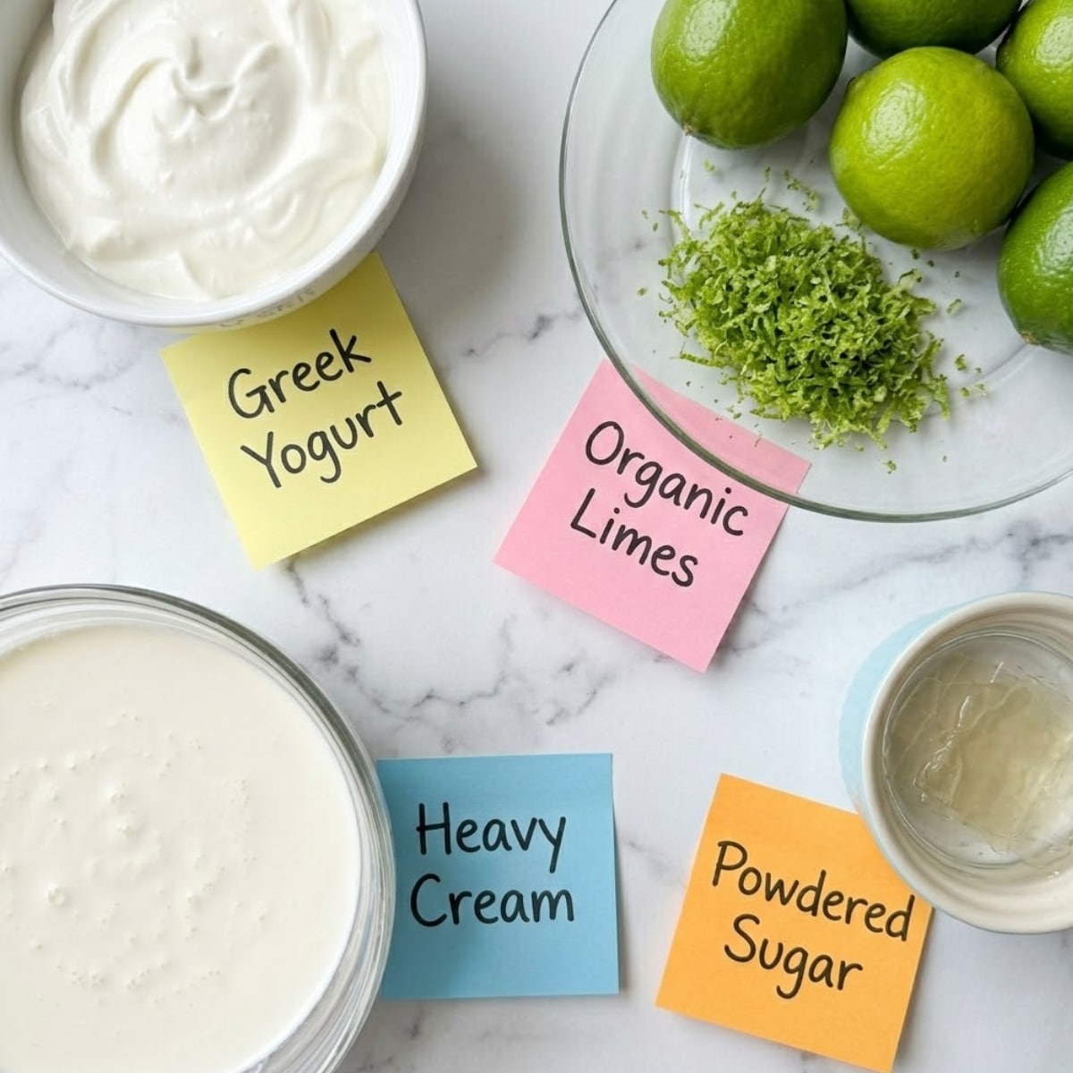 Flat lay of Greek yogurt, organic limes with fresh green zest, heavy cream, and powdered sugar with handwritten labels on a marble counter.