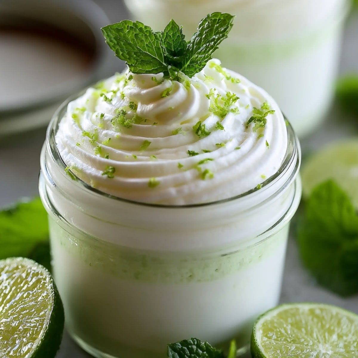 A glass jar filled with pale green yogurt lime mousse, topped with a swirl of whipped cream, fresh lime zest, and a sprig of mint, surrounded by halved limes and mint leaves.