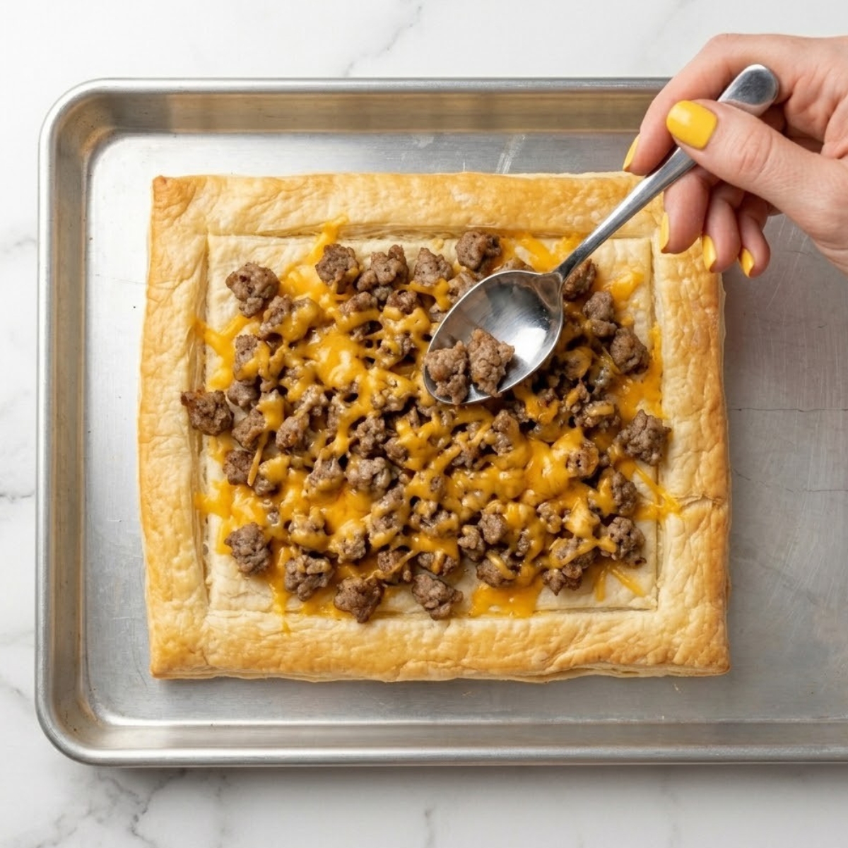 Tight close-up zoom of hands with yellow nails using a spoon to layer cooked crumbled sausage and shredded cheese onto a golden pastry crust.