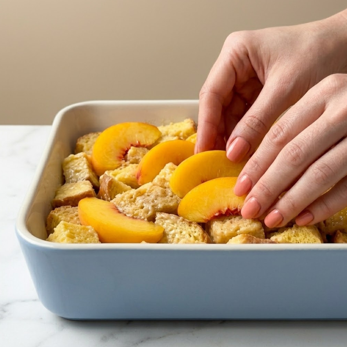 Tight close-up zoom of hands with pink nails tucking fresh yellow peach slices into soaked cubes of brioche bread in a blue baking dish.
