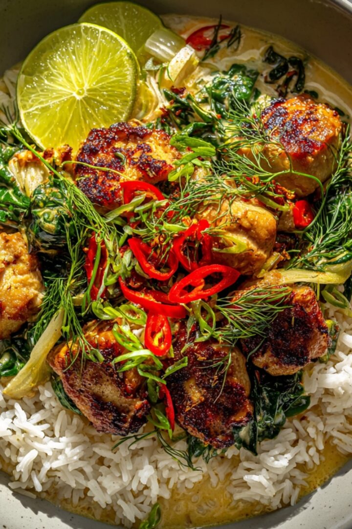 A bowl of lemongrass chicken in creamy Thai coconut curry with wilted greens, served over steamed white rice, garnished with sliced red chilies, fresh dill, green onions, and a lime wedge.