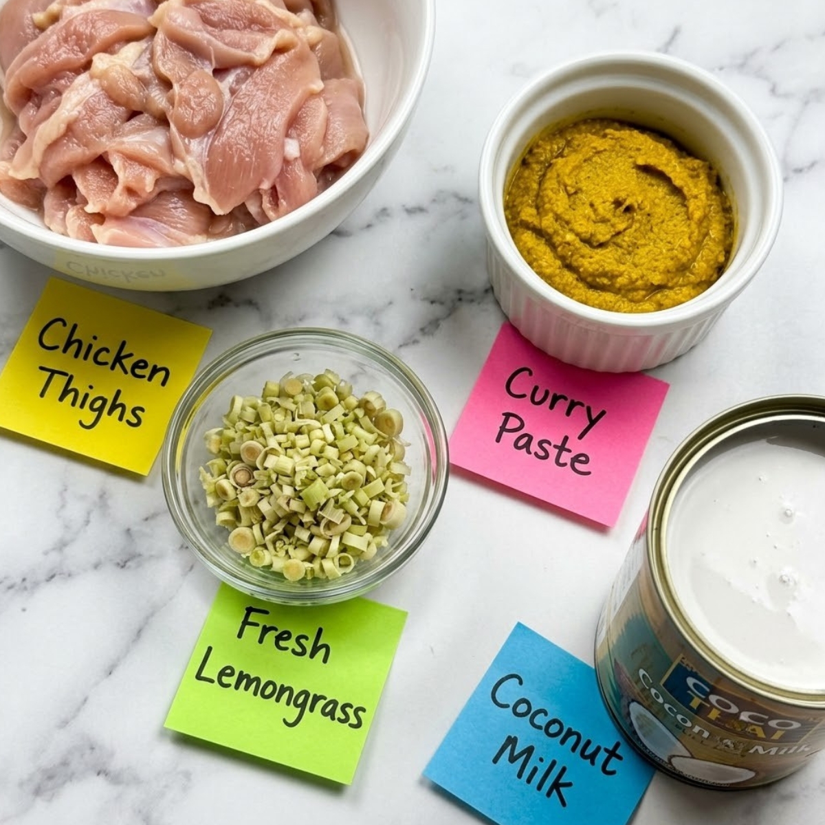 Flat lay of sliced chicken thighs, minced lemongrass, yellow curry paste, and canned coconut milk with handwritten labels on a marble counter.