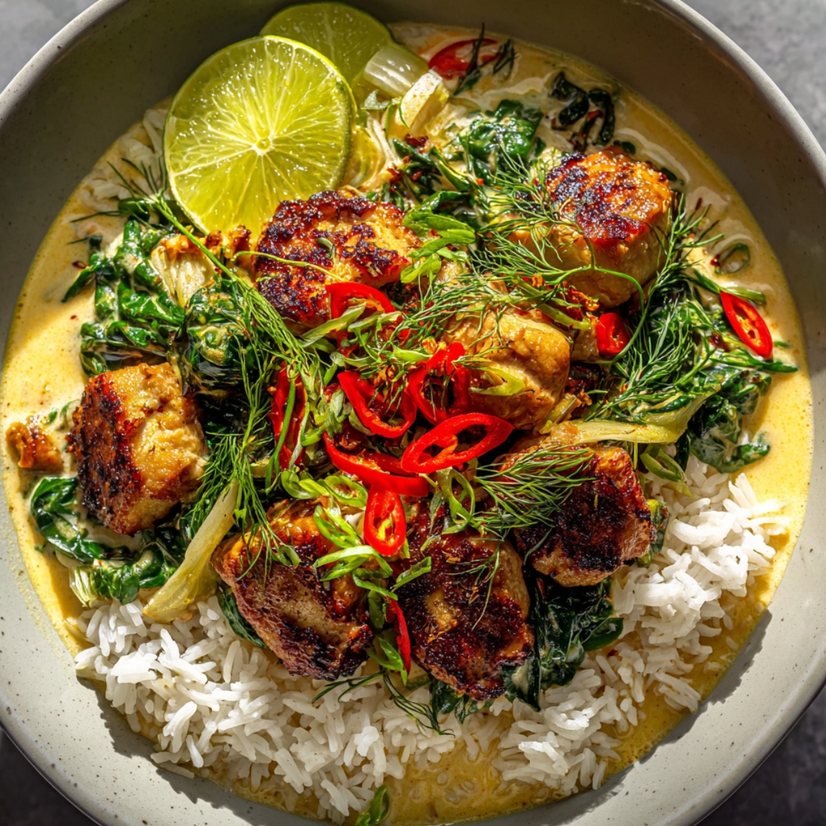 A bowl of lemongrass chicken in creamy Thai coconut curry with wilted greens, served over steamed white rice, garnished with sliced red chilies, fresh dill, green onions, and a lime wedge.