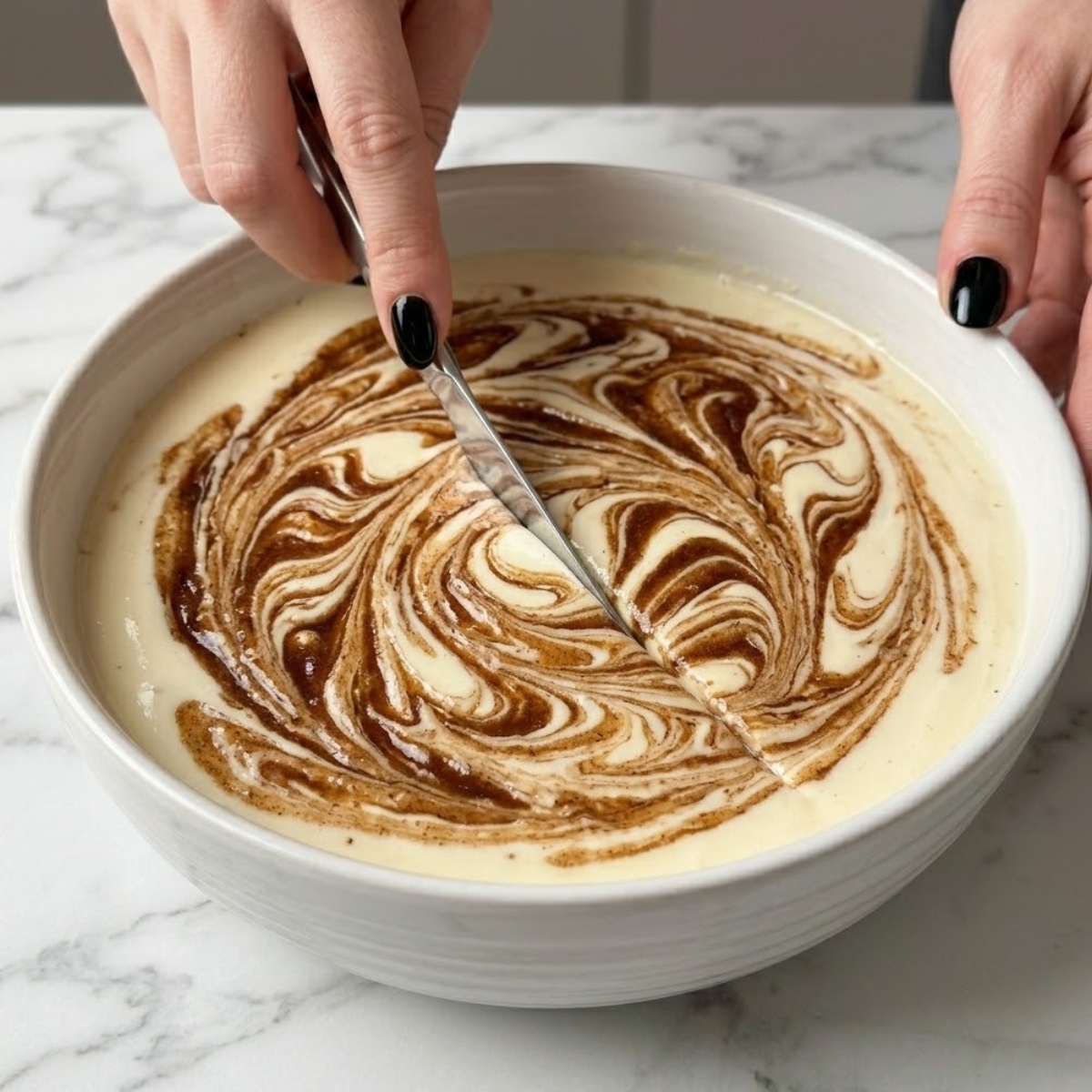 Tight close-up zoom of hands with black nails using a butter knife to swirl thick cinnamon spice paste through white cheesecake batter.