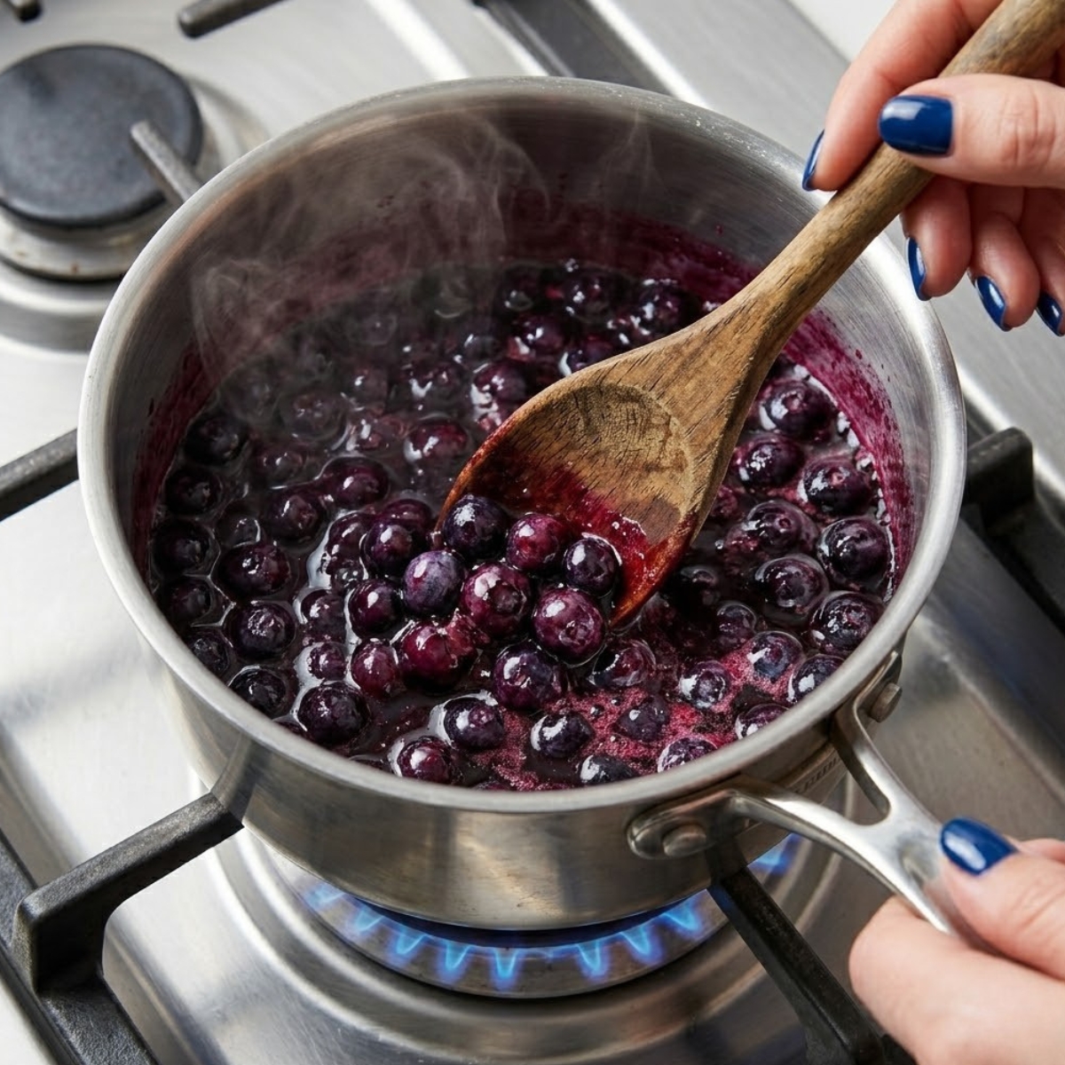 Extreme close-up view of hands with blue nails using a wooden spoon to mash bursting blueberries in a small pan over a gas flame.
