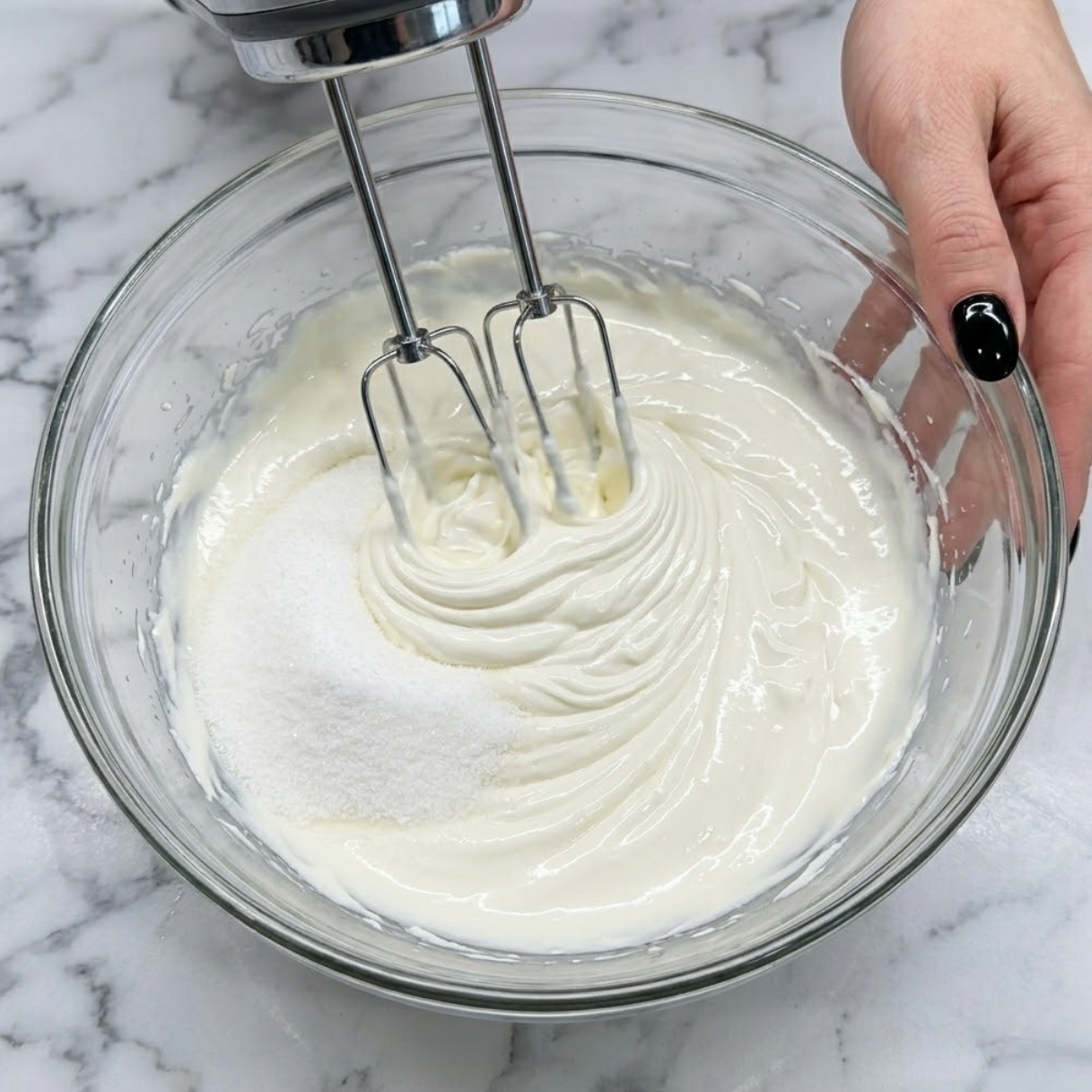 Extreme close-up view of hands with glossy black nails using a hand mixer to blend smooth white cream cheese batter inside a glass bowl.