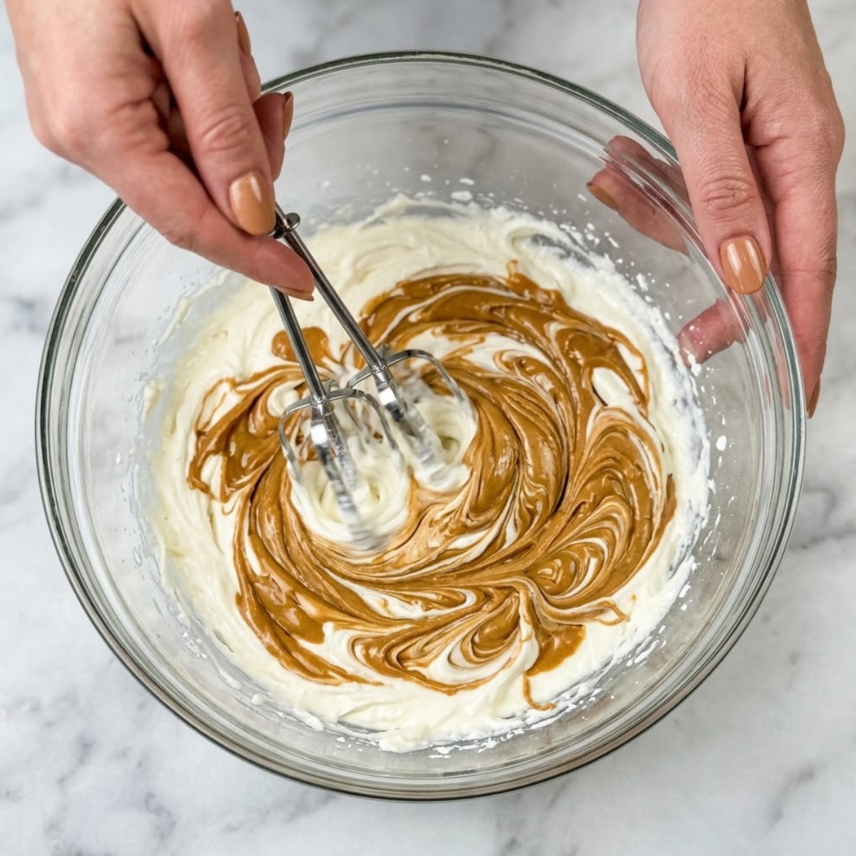 Extreme close-up view of hands with tan nails using a hand mixer to blend smooth peanut butter into cream cheese inside a glass bowl.