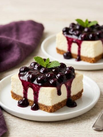 Two no-bake cheesecake bars with a golden graham cracker crust and creamy white cheesecake filling, topped with glossy fresh blueberry sauce dripping down the sides, garnished with mint leaves on white plates with a purple linen and fork alongside.