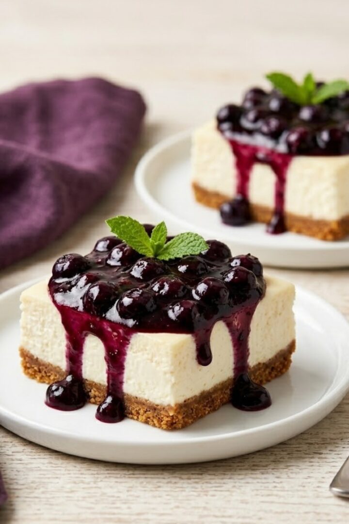 Two no-bake cheesecake bars with a golden graham cracker crust and creamy white cheesecake filling, topped with glossy fresh blueberry sauce dripping down the sides, garnished with mint leaves on white plates with a purple linen and fork alongside.