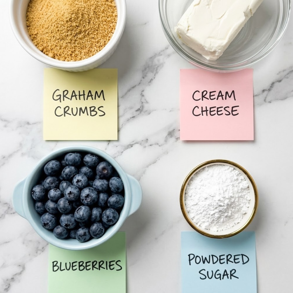 Flat lay of graham cracker crumbs, a block of cream cheese, fresh blueberries, and powdered sugar with handwritten labels on a marble kitchen counter.