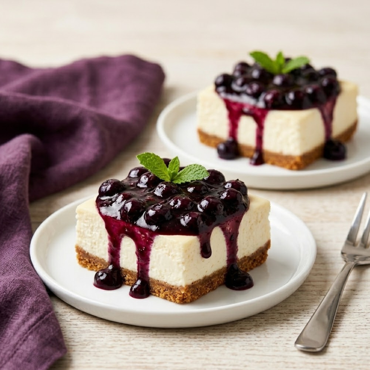 Two no-bake cheesecake bars with a golden graham cracker crust and creamy white cheesecake filling, topped with glossy fresh blueberry sauce dripping down the sides, garnished with mint leaves on white plates with a purple linen and fork alongside.