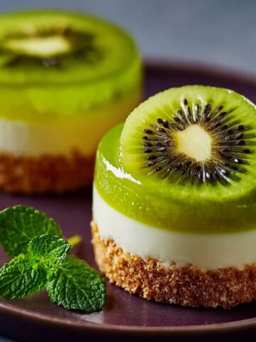 Two elegant individual no-bake kiwi cheesecakes with a golden graham cracker crust, creamy white cheesecake layer, and a vibrant green kiwi jelly top with a fresh kiwi slice, garnished with mint leaves on a dark plate.