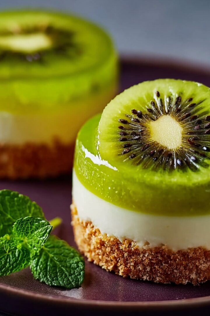 Two elegant individual no-bake kiwi cheesecakes with a golden graham cracker crust, creamy white cheesecake layer, and a vibrant green kiwi jelly top with a fresh kiwi slice, garnished with mint leaves on a dark plate.