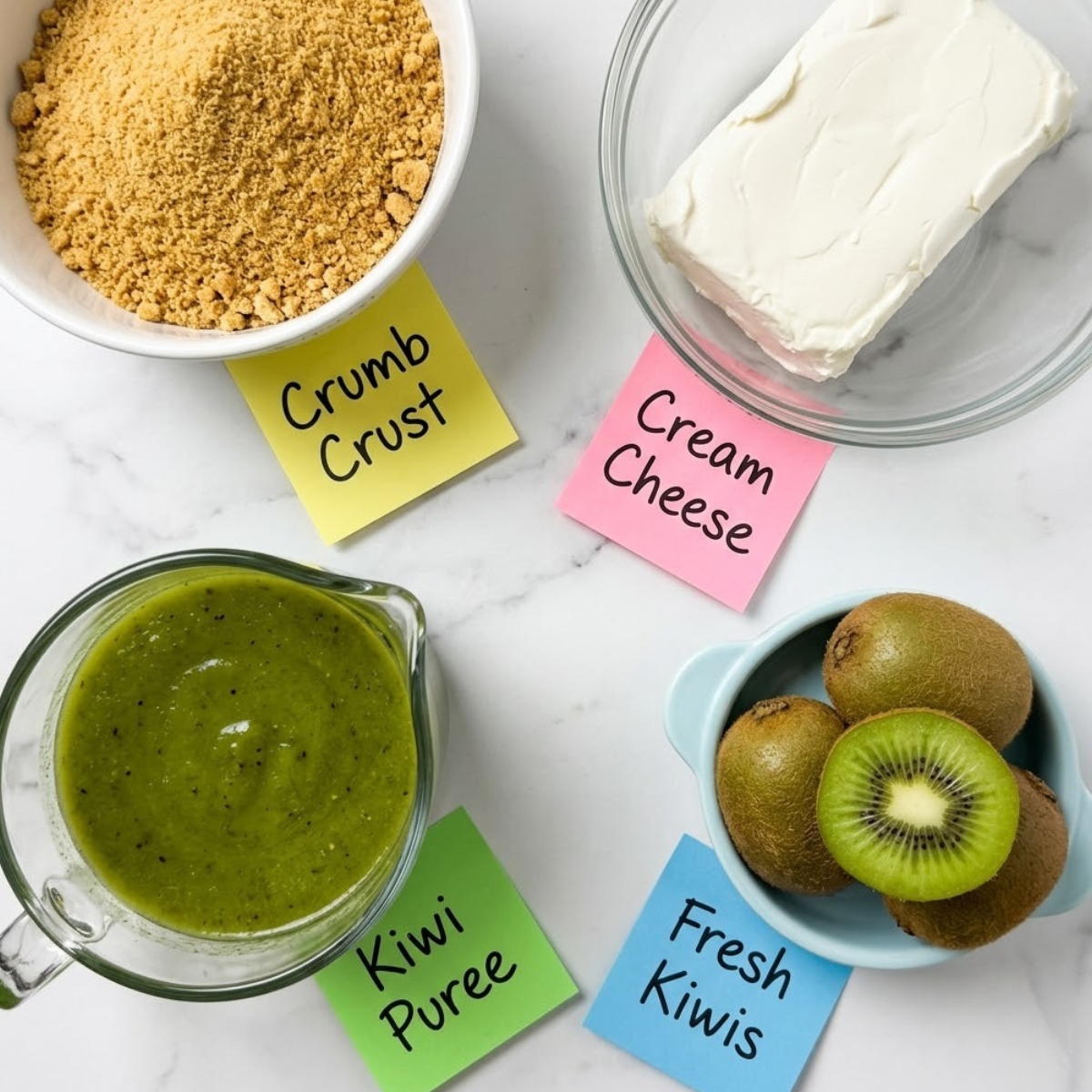 Flat lay of graham cracker crumbs, cream cheese, green cooked kiwi puree, and whole kiwis with handwritten labels on a marble counter.