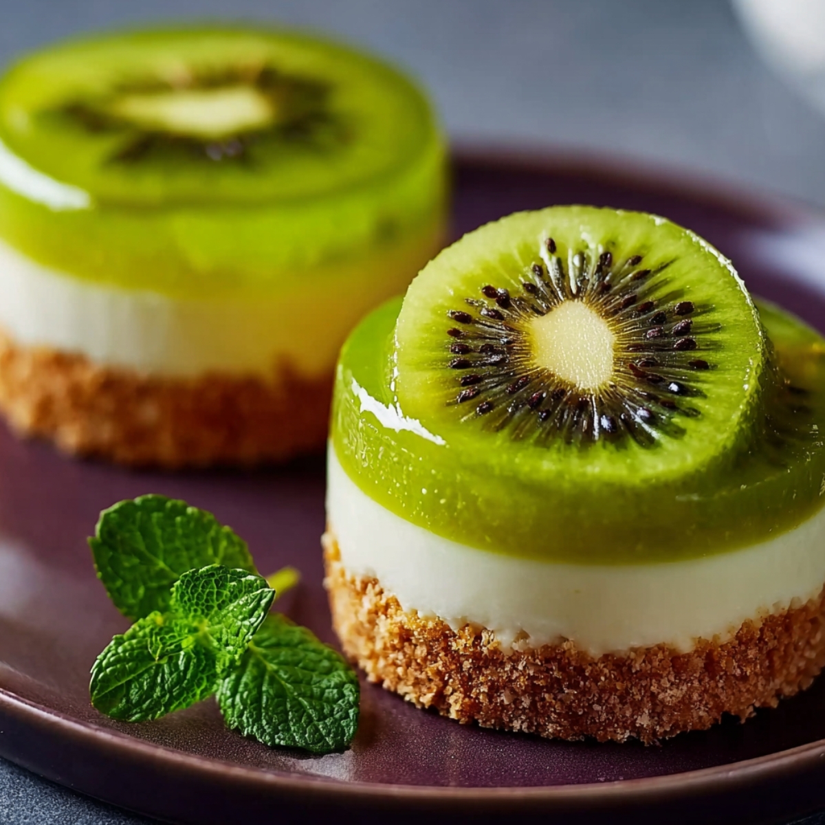 Two elegant individual no-bake kiwi cheesecakes with a golden graham cracker crust, creamy white cheesecake layer, and a vibrant green kiwi jelly top with a fresh kiwi slice, garnished with mint leaves on a dark plate.