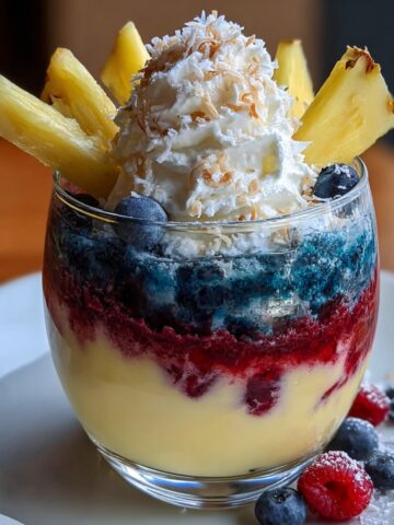 A layered Ocean Love Colada in a round glass with yellow pineapple coconut cream at the base, red berry and deep blue layers, topped with whipped cream, toasted coconut flakes, fresh blueberries, and pineapple wedges, served on a white plate with raspberries and blueberries.