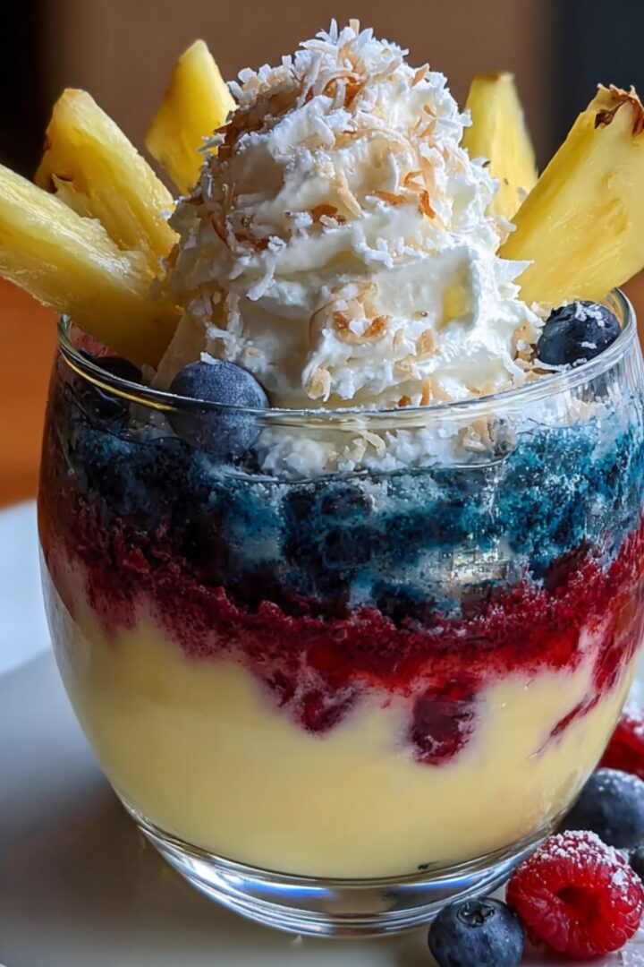 A layered Ocean Love Colada in a round glass with yellow pineapple coconut cream at the base, red berry and deep blue layers, topped with whipped cream, toasted coconut flakes, fresh blueberries, and pineapple wedges, served on a white plate with raspberries and blueberries.