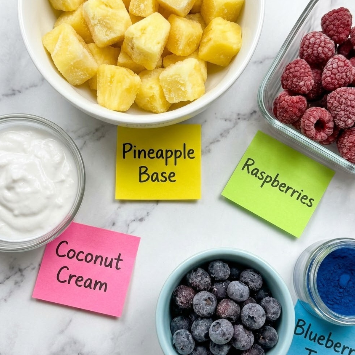 Flat lay of frozen pineapple chunks, coconut cream, red raspberries, and blueberries with handwritten labels on a marble counter.