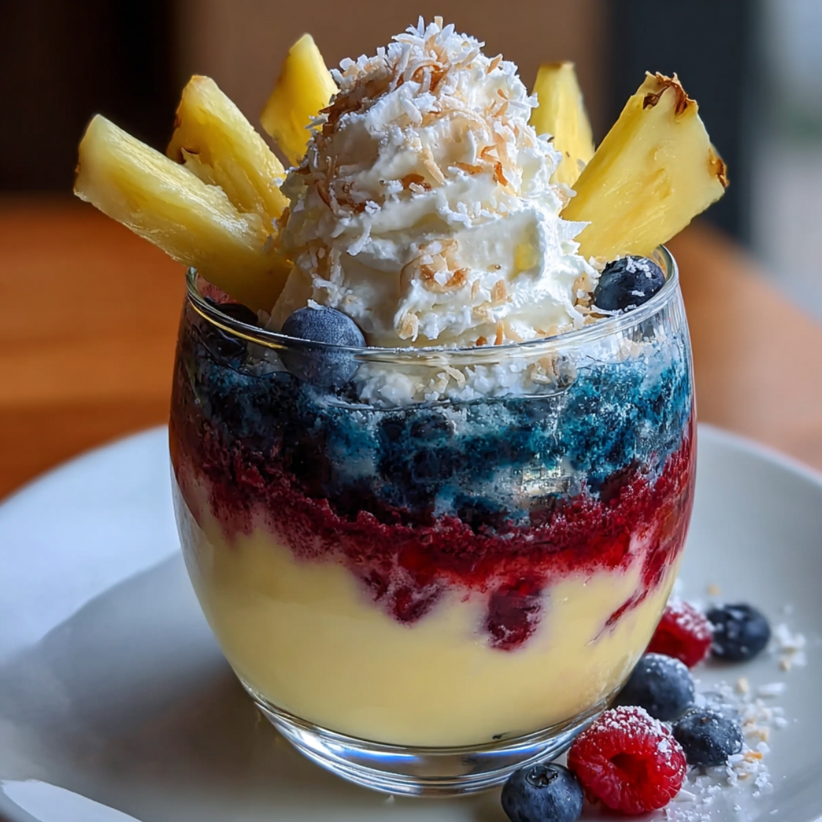 A layered Ocean Love Colada in a round glass with yellow pineapple coconut cream at the base, red berry and deep blue layers, topped with whipped cream, toasted coconut flakes, fresh blueberries, and pineapple wedges, served on a white plate with raspberries and blueberries.