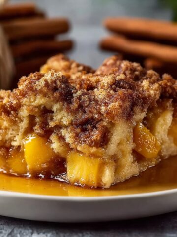 A slice of peach cobbler French toast bake with chunks of juicy peaches and soft bread topped with a golden cinnamon brown sugar streusel, served in a pool of caramel syrup on a white plate with cinnamon sticks in the background.