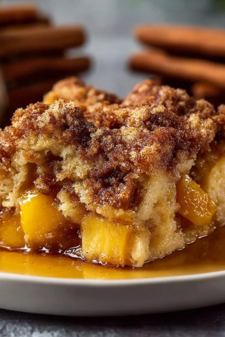 A slice of peach cobbler French toast bake with chunks of juicy peaches and soft bread topped with a golden cinnamon brown sugar streusel, served in a pool of caramel syrup on a white plate with cinnamon sticks in the background.