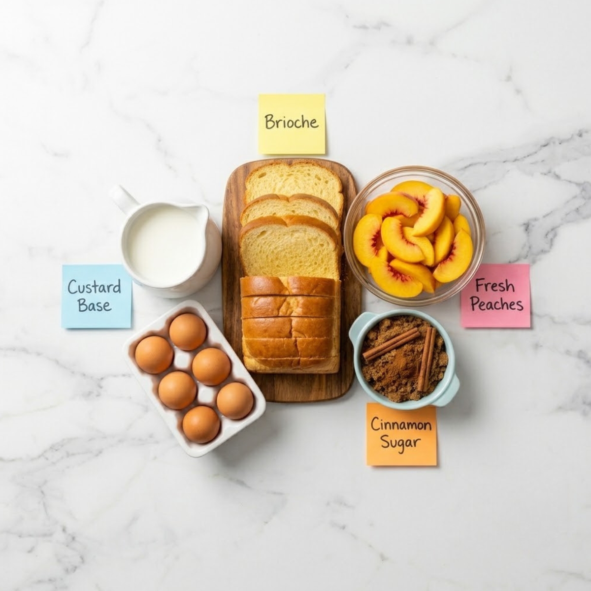 Flat lay of cubed brioche bread, fresh peach slices, raw eggs with milk, and brown sugar with handwritten labels on a marble counter.