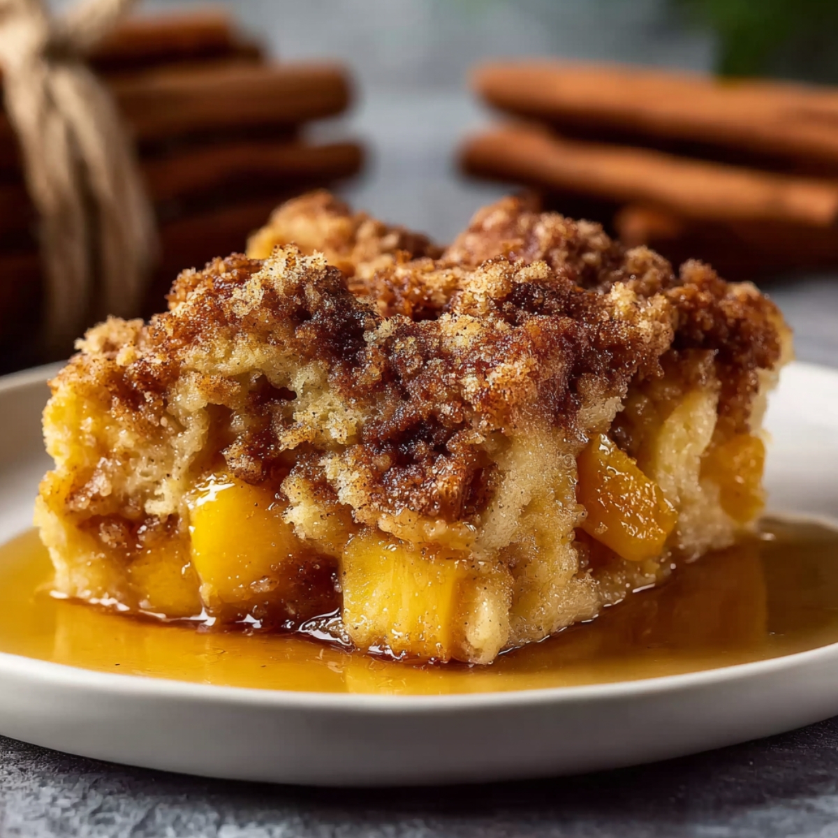 A slice of peach cobbler French toast bake with chunks of juicy peaches and soft bread topped with a golden cinnamon brown sugar streusel, served in a pool of caramel syrup on a white plate with cinnamon sticks in the background.