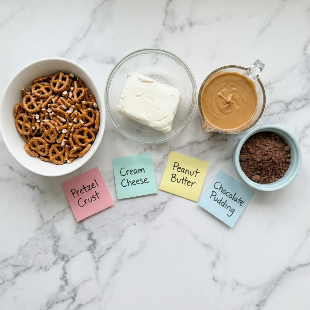 Flat lay of crushed pretzels, cream cheese, creamy peanut butter, and chocolate pudding mix with handwritten labels on a marble counter.