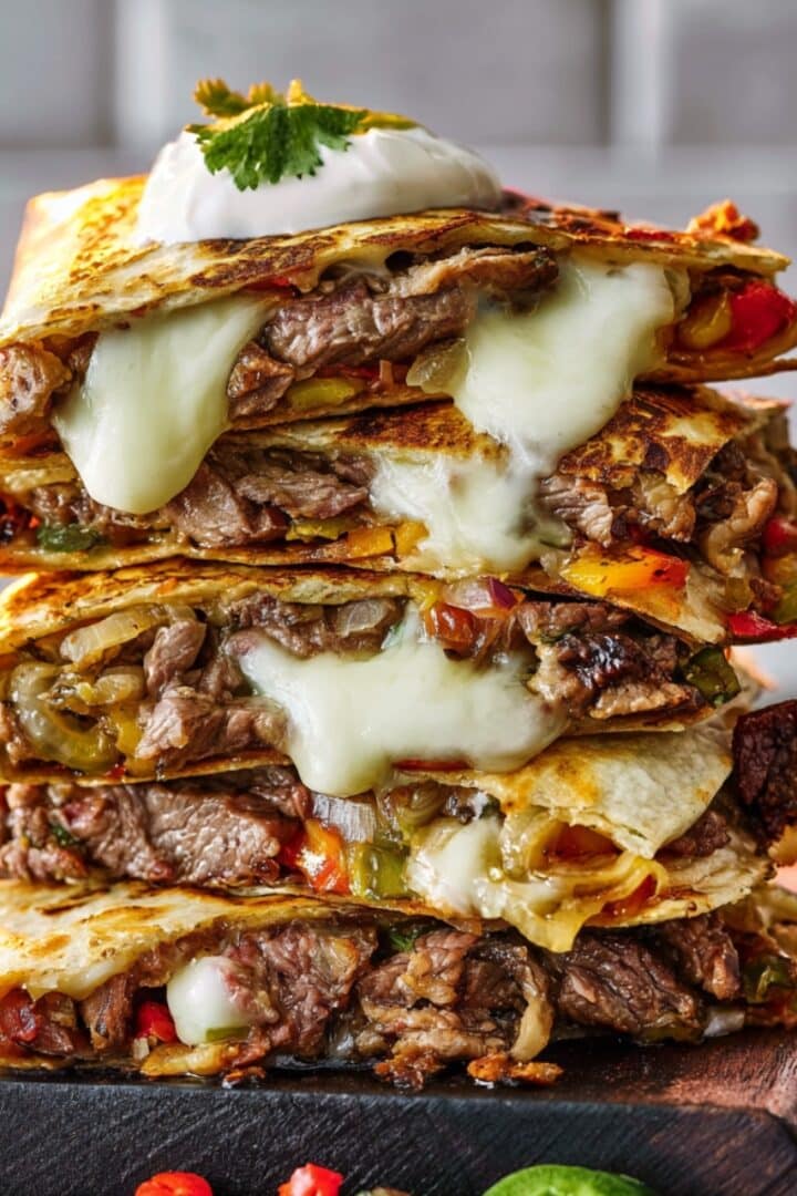 A stack of crispy Philly cheesesteak quesadillas filled with sliced steak, sautéed peppers and onions, and melted provolone, topped with a dollop of sour cream and fresh cilantro.