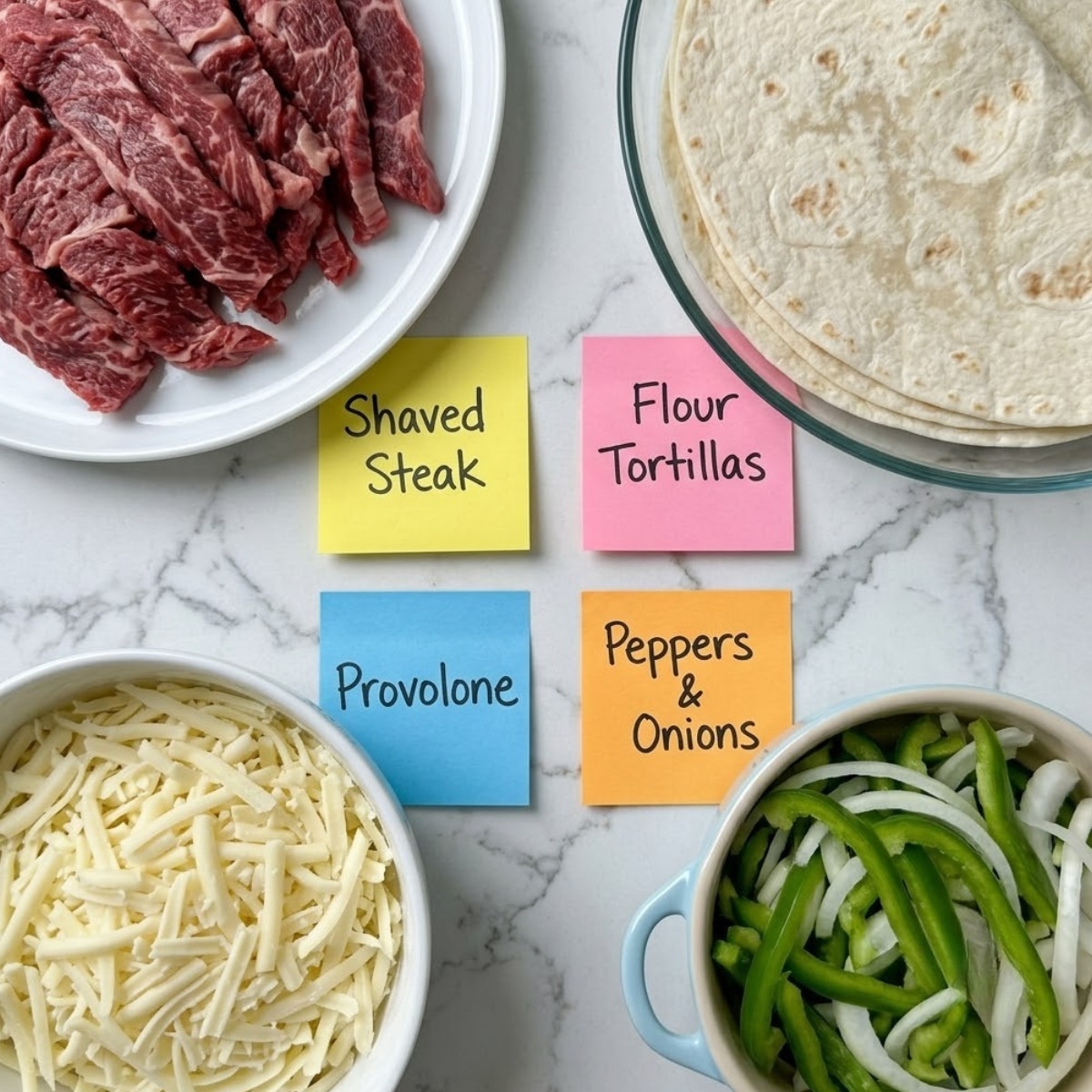 Flat lay of shaved beef steak, flour tortillas, shredded provolone cheese, and sliced green bell peppers with handwritten labels on a marble counter.