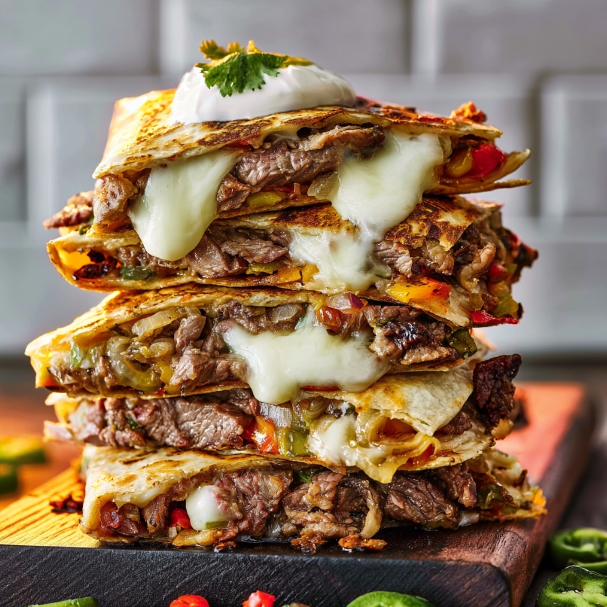 A stack of crispy Philly cheesesteak quesadillas filled with sliced steak, sautéed peppers and onions, and melted provolone, topped with a dollop of sour cream and fresh cilantro.