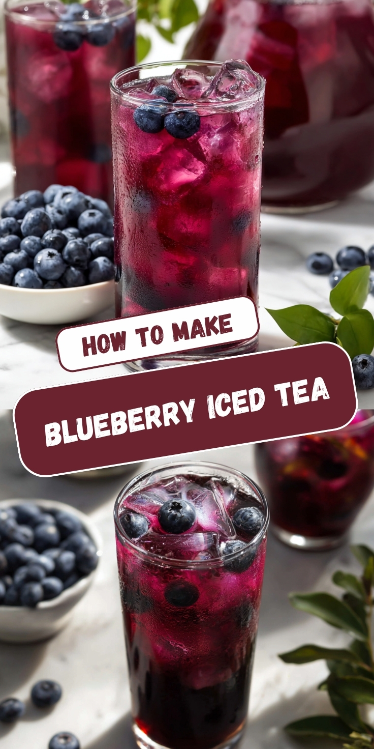 A Pinterest collage showing two views of deep purple blueberry iced tea with ice cubes and fresh blueberries in tall glasses, with a bowl of blueberries and herb sprigs on a marble surface, with text overlay reading 'How to Make Blueberry Iced Tea.