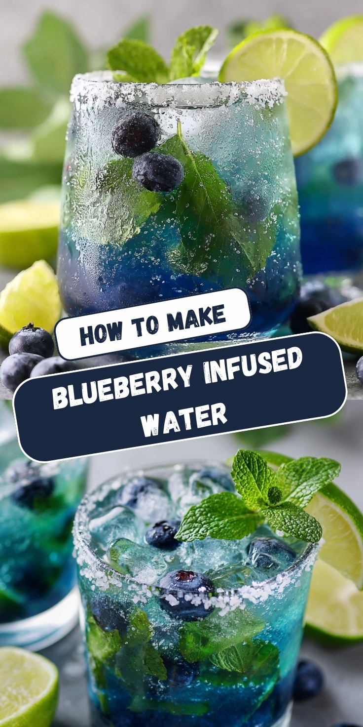 A Pinterest collage showing two views of sparkling blue blueberry infused water in salted rim glasses with fresh mint, whole blueberries, and lime wheel garnish, surrounded by lime wedges and blueberries, with text overlay reading 'How to Make Blueberry Infused Water.