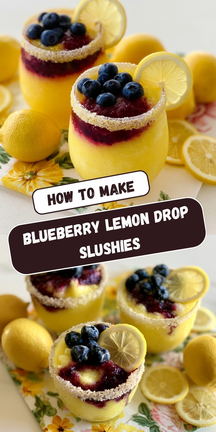 A Pinterest-style graphic titled "How to Make Blueberry Lemon Drop Slushies" featuring two photos of sugar-rimmed glasses filled with layered yellow lemon and purple blueberry slushies, topped with fresh blueberries and lemon slices, surrounded by whole and sliced lemons on a floral napkin.
