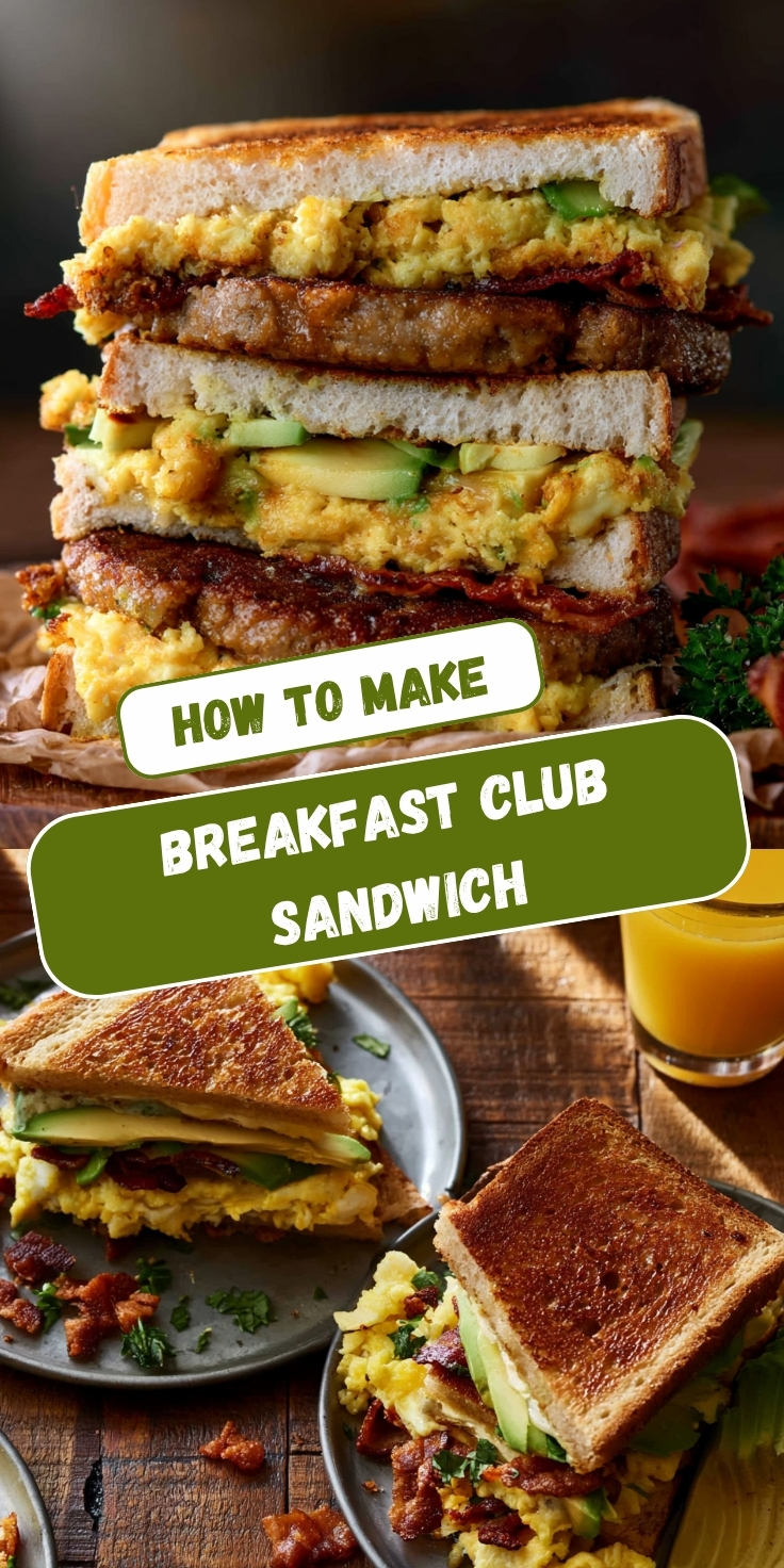 A Pinterest-style graphic titled "How to Make Breakfast Club Sandwich" featuring two photos: a towering stacked triple-layer sandwich with scrambled eggs, bacon, and avocado, and a plated serving of the sandwich halves with orange juice on a wooden table.